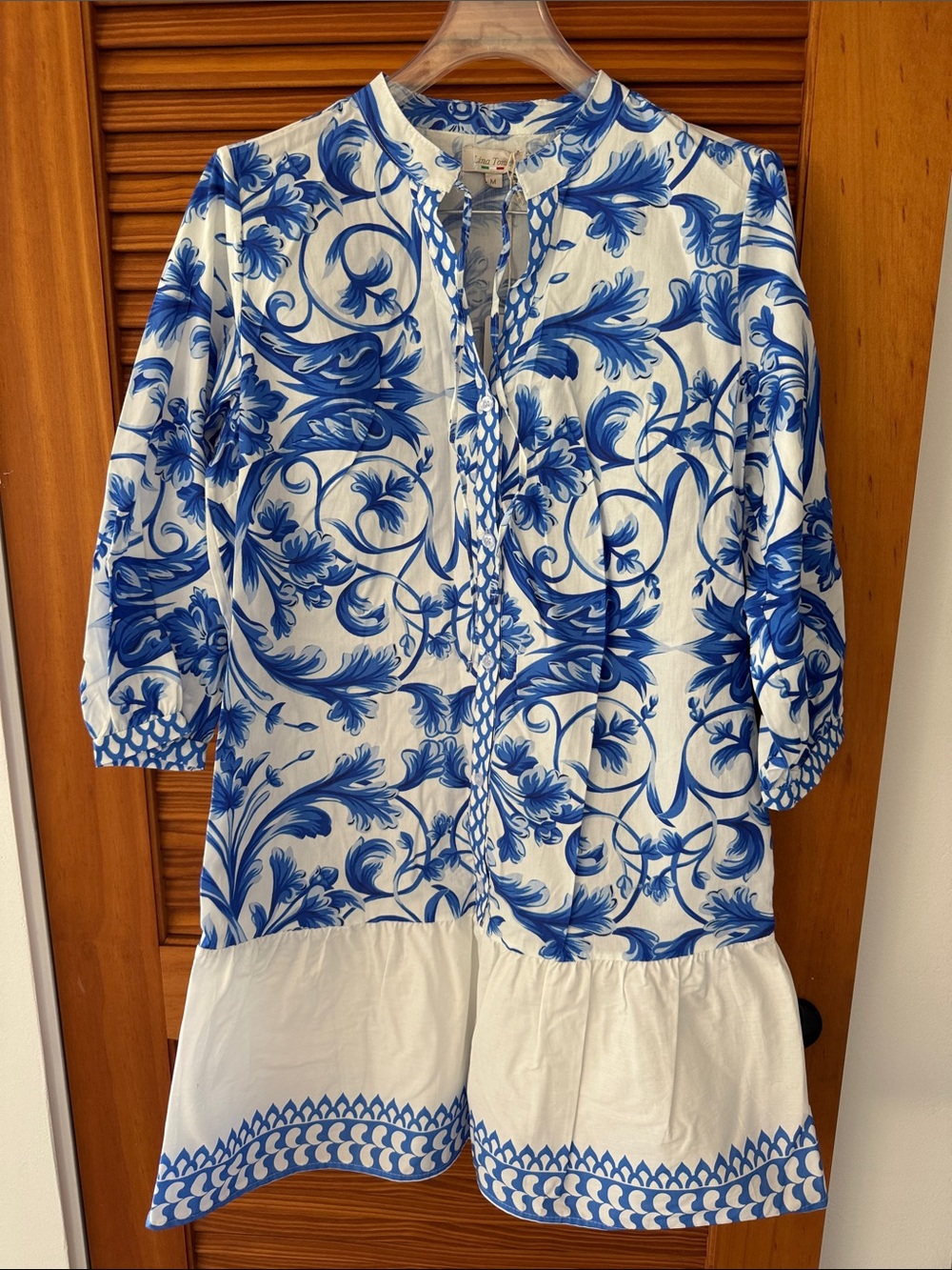 LINA TOMEI Blue & White Italian Made Floral Tunic Dress